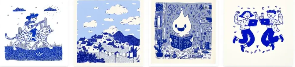 蓝白童梦：简约线条绘制的奇趣幻境midjourney风格种子